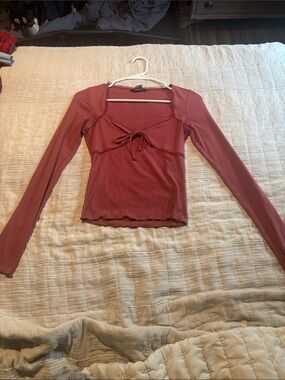 Forever 21 Ribbed Long-Sleeve Tie-Front Top - Rose Mauve